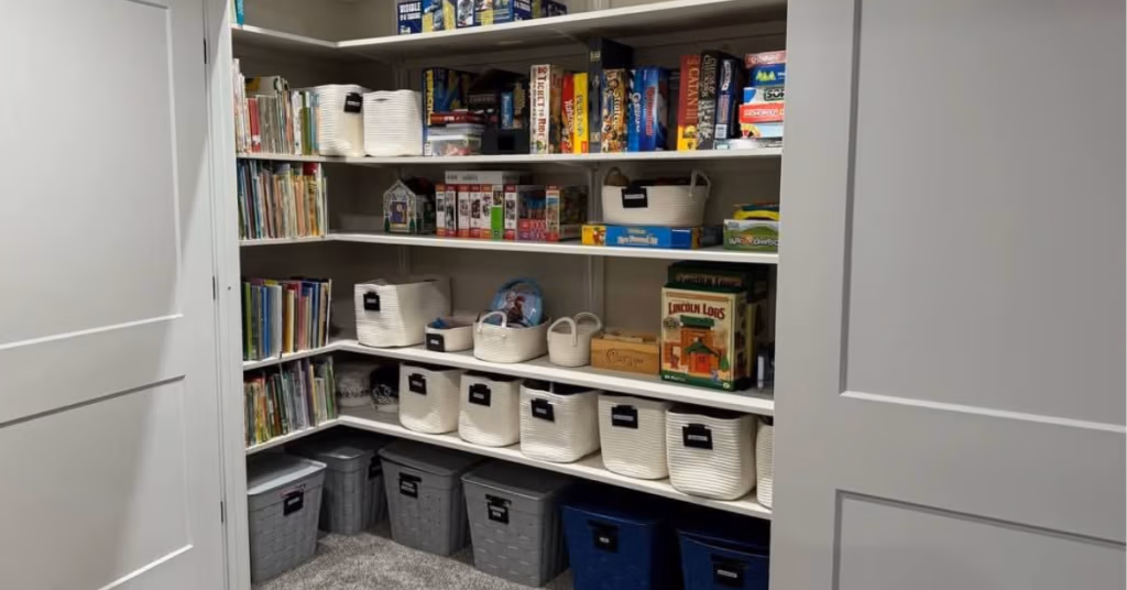 Organized playroom with labeled toy bins, shelving, and a tidy play space for children.